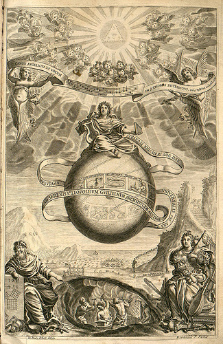 Musurgia Universalis. Portada de Johann Paul Schor (1650) para el libro de Kircher. Apolo, sentado sobre el globo terráqueo, media entre la música celestial de los ángeles, y la música terrenal de Pitágoras y las musas.