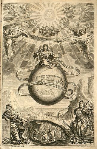 Musurgia Universalis. Portada de Johann Paul Schor (1650) para el libro de Kircher. Apolo, sentado sobre el globo terráqueo, media entre la música celestial de los ángeles, y la música terrenal de Pitágoras y las musas. Musurgia Universalis. Portada de Johann Paul Schor (1650) para el libro de Kircher. Apolo, sentado sobre el globo terráqueo, media entre la música celestial de los ángeles, y la música terrenal de Pitágoras y las musas.