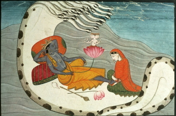 Vishnú y Lakshmi sobre la serpiente Ananta. Del ombligo de Vishnú brota una flor de loto sobre la que está sentado Brahma. Vishnú y Lakshmi sobre la serpiente Ananta. Del ombligo de Vishnú brota una flor de loto sobre la que está sentado Brahma.