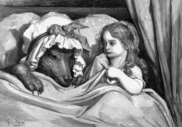 Caperucita y el lobo. Grabado de Gustave Doré. 1883