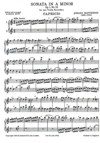 Partitura de Johann Mattheson para flauta dulce