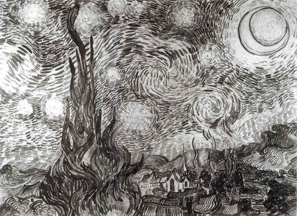 Cipreses en la noche estrellada. Vincent van Gogh. 1889. Dibujo a pluma y tinta
