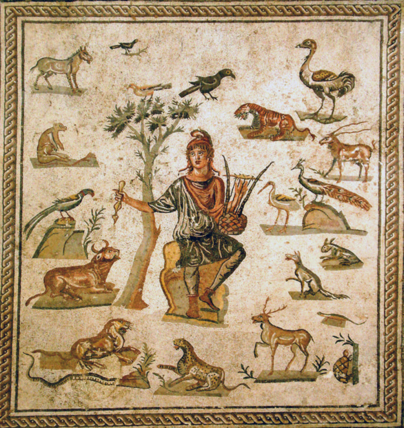 Orfeo amansa las fieras. Mosaico romano, siglo II d.C.