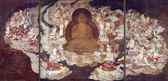 Tríptico. Amida y veinticinco bosatsu. Atribuido a Eshin Sozu siglos XI-XII. Tinta y color sobre seda Tríptico. Amida y veinticinco bosatsu. Atribuido a Eshin Sozu siglos XI-XII. Tinta y color sobre seda