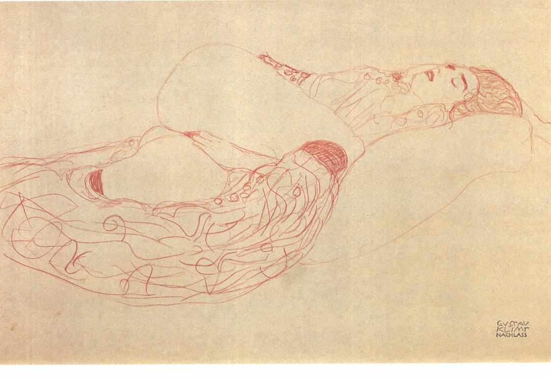 Mujer semidesnuda y reclinada. Gustav Klimt. ca. 1900