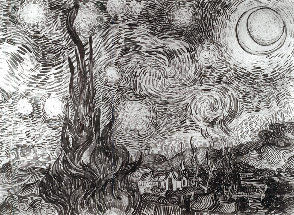 Cipreses en la noche estrellada. Vincent van Gogh. 1889. Dibujo a pluma y tinta