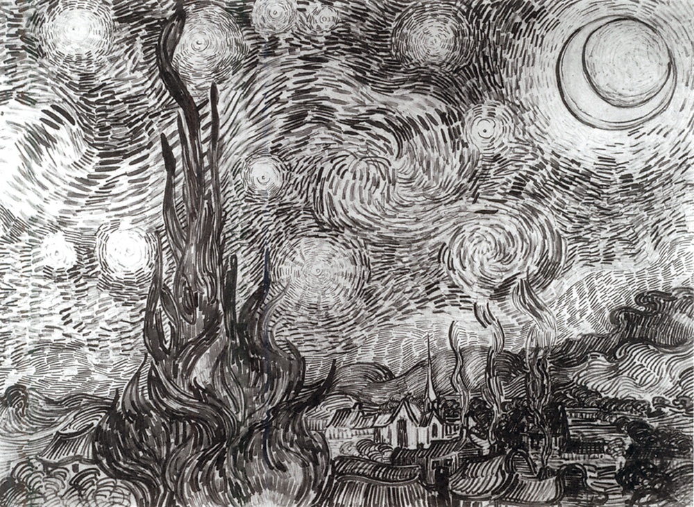 Cipreses en la noche estrellada. Vincent van Gogh. 1889. Dibujo a pluma y tinta Cipreses en la noche estrellada. Vincent van Gogh. 1889. Dibujo a pluma y tinta