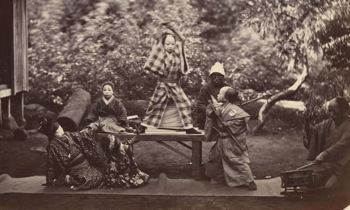 Una escena de teatro Kabuki. Japón ca. 1865