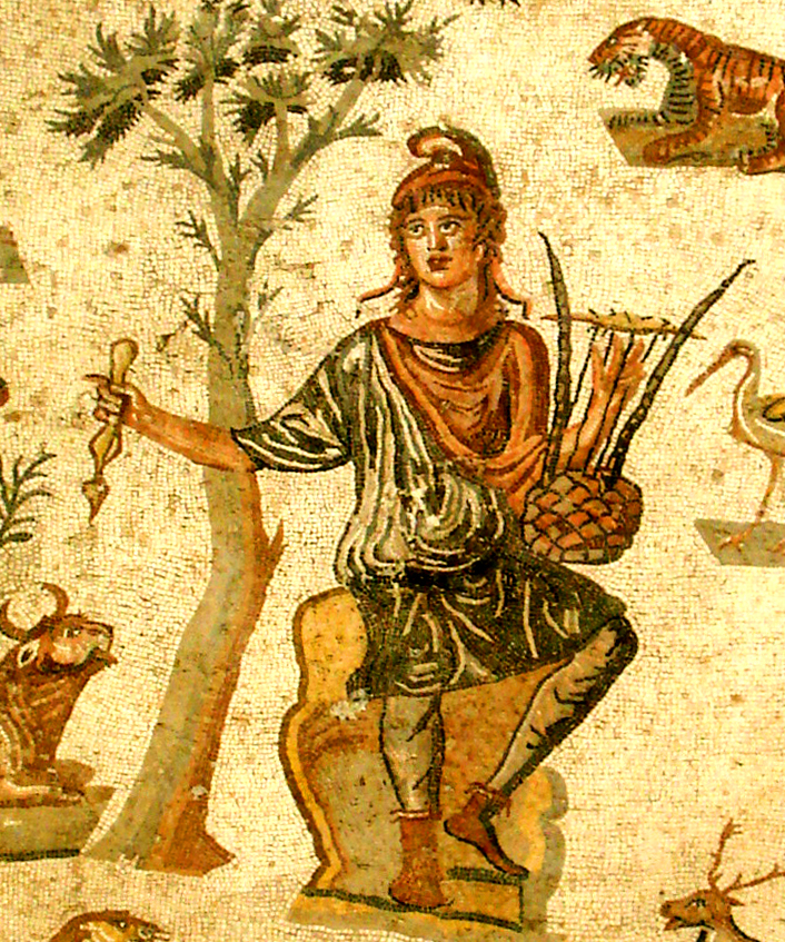 Orfeo encantando a los animales. Mosaico romano
