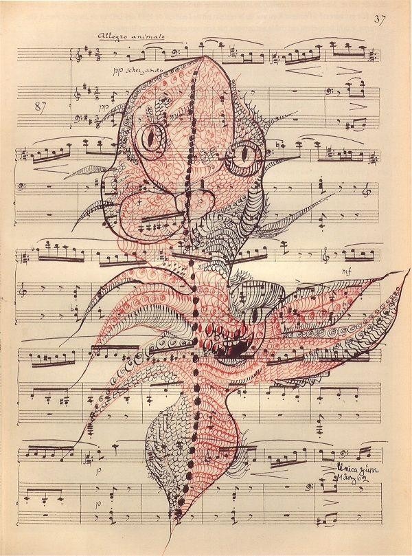 Dibujo sobre partitura de Unica Zürn c. 1950 Dibujo sobre partitura de Unica Zürn c. 1950